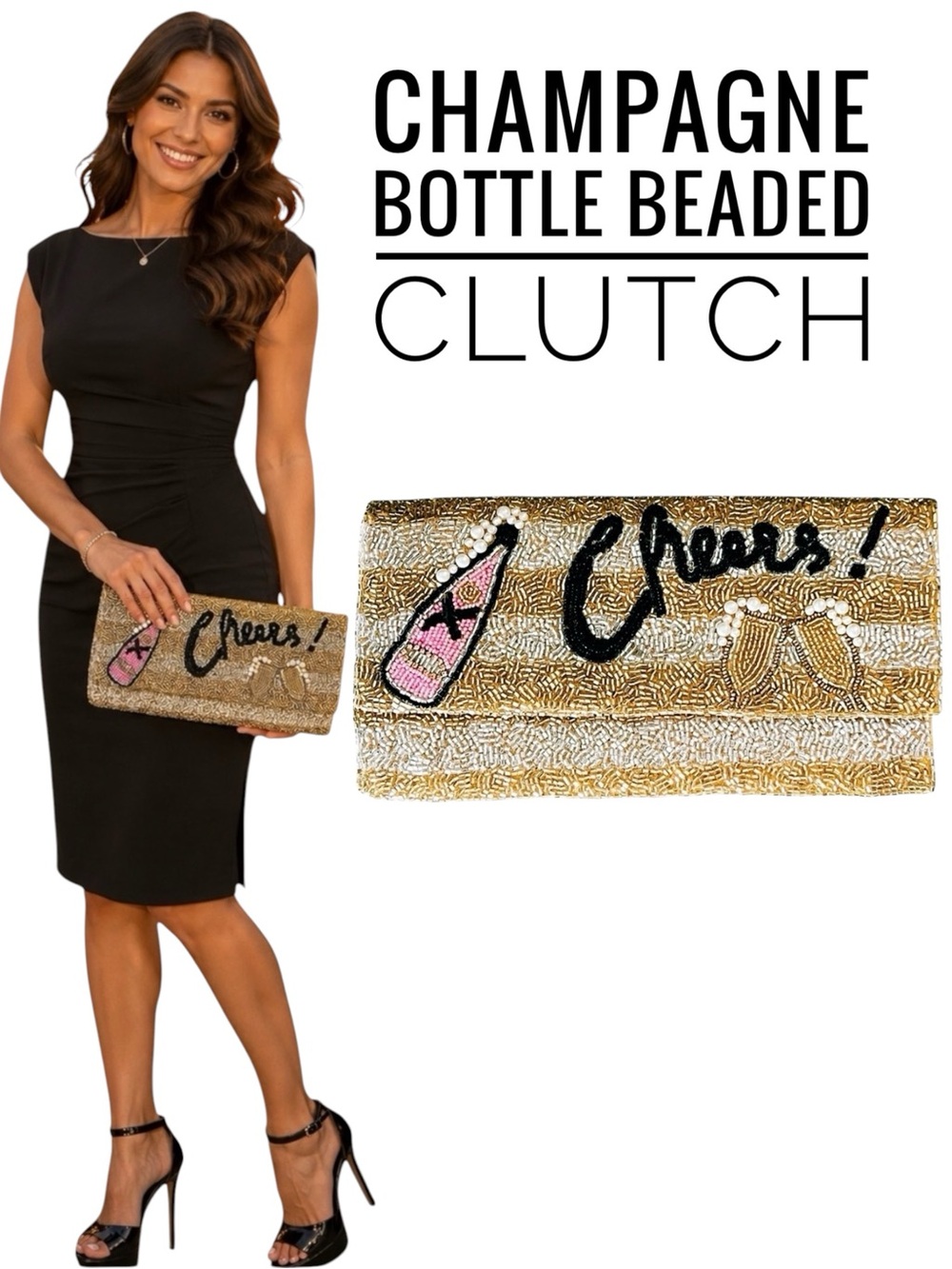 New Viola Gold Silver Cheers Champagne Pearl Fizz Bead Sequin Envelope Clutch